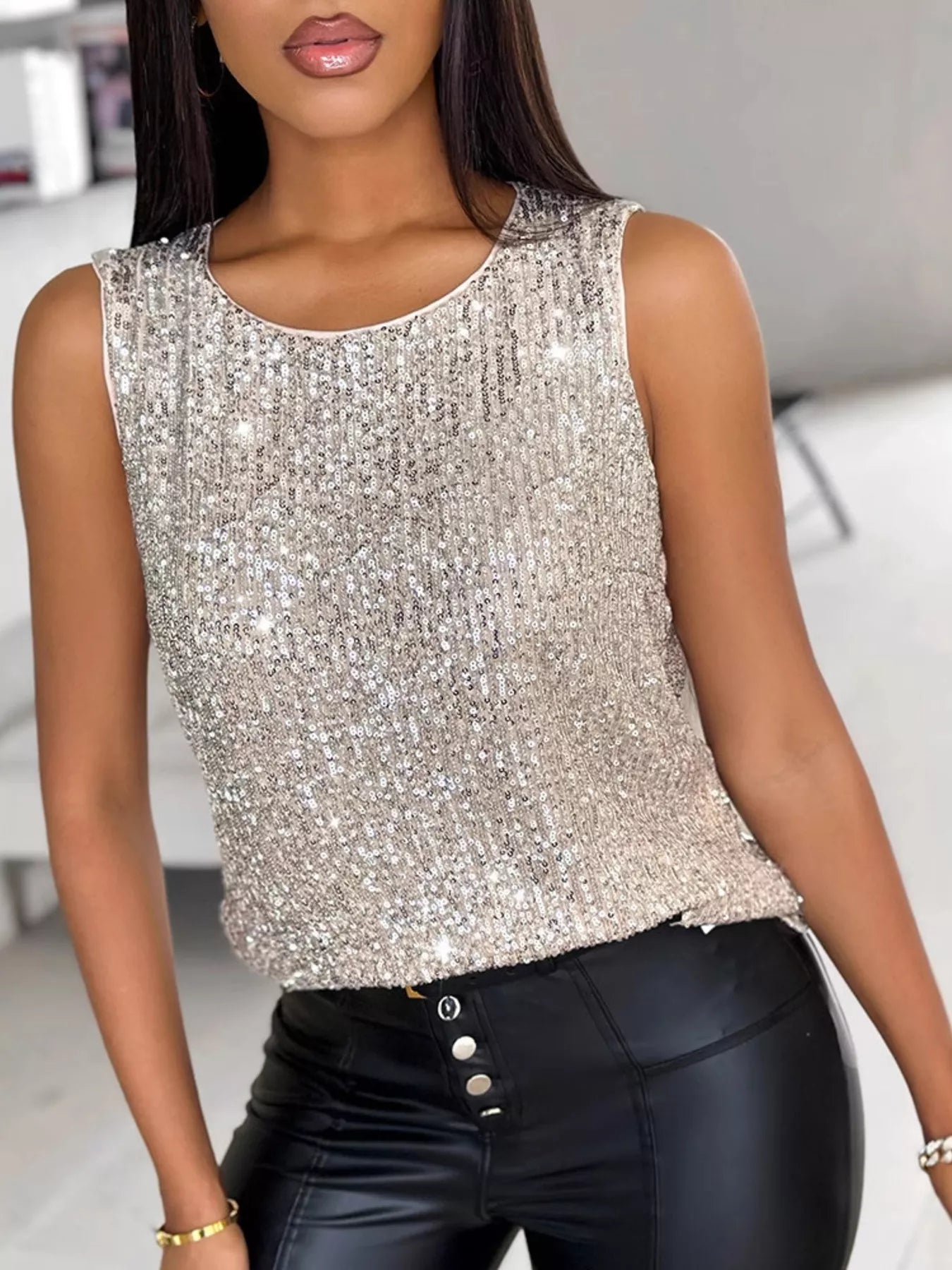 Sequin Round Neck Tank Top Silver Trendsi