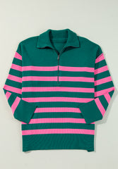 Outfit Flow - Contrast Striped Quarter Zip Long Sleeve Sweater