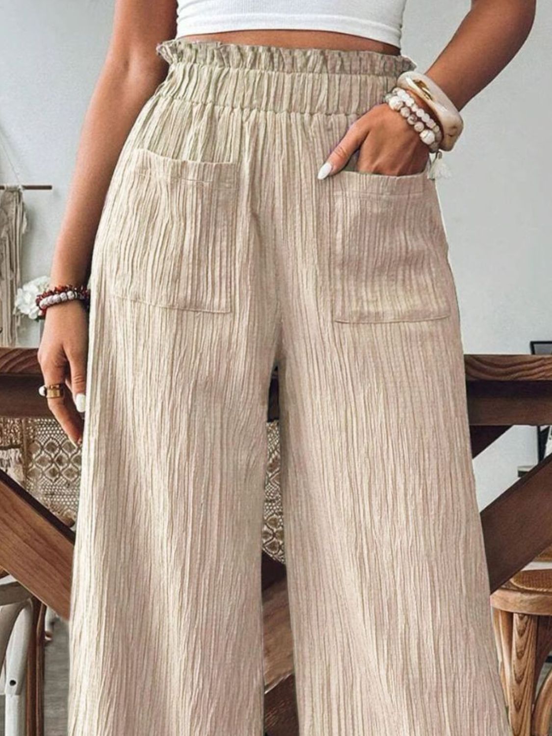 Pocketed Elastic Waist Wide Leg Pants