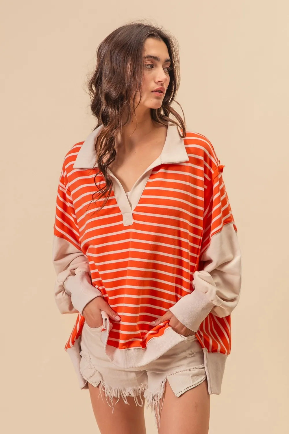 BiBi Stripe Knit Loose Fit Top With Cut Edge Detail OutfitFlow