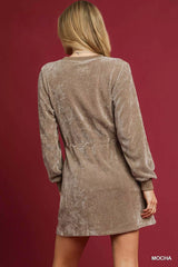 Umgee Velour Drawstring Mini Dress with Long Sleeves OutfitFlow