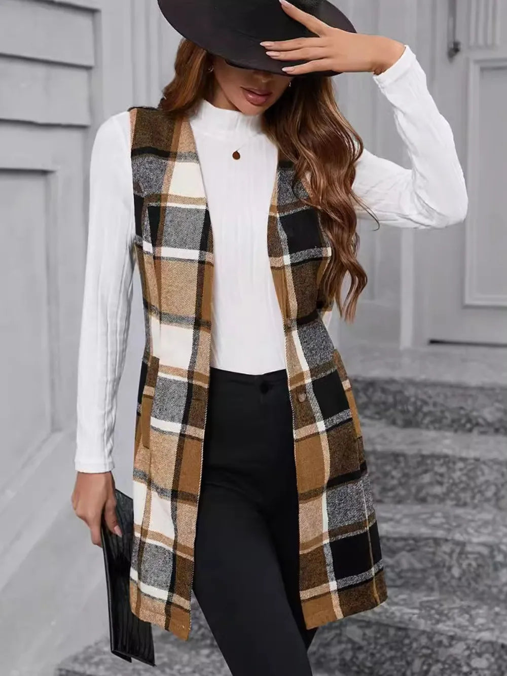 Plaid V-Neck Vest Coat Trendsi