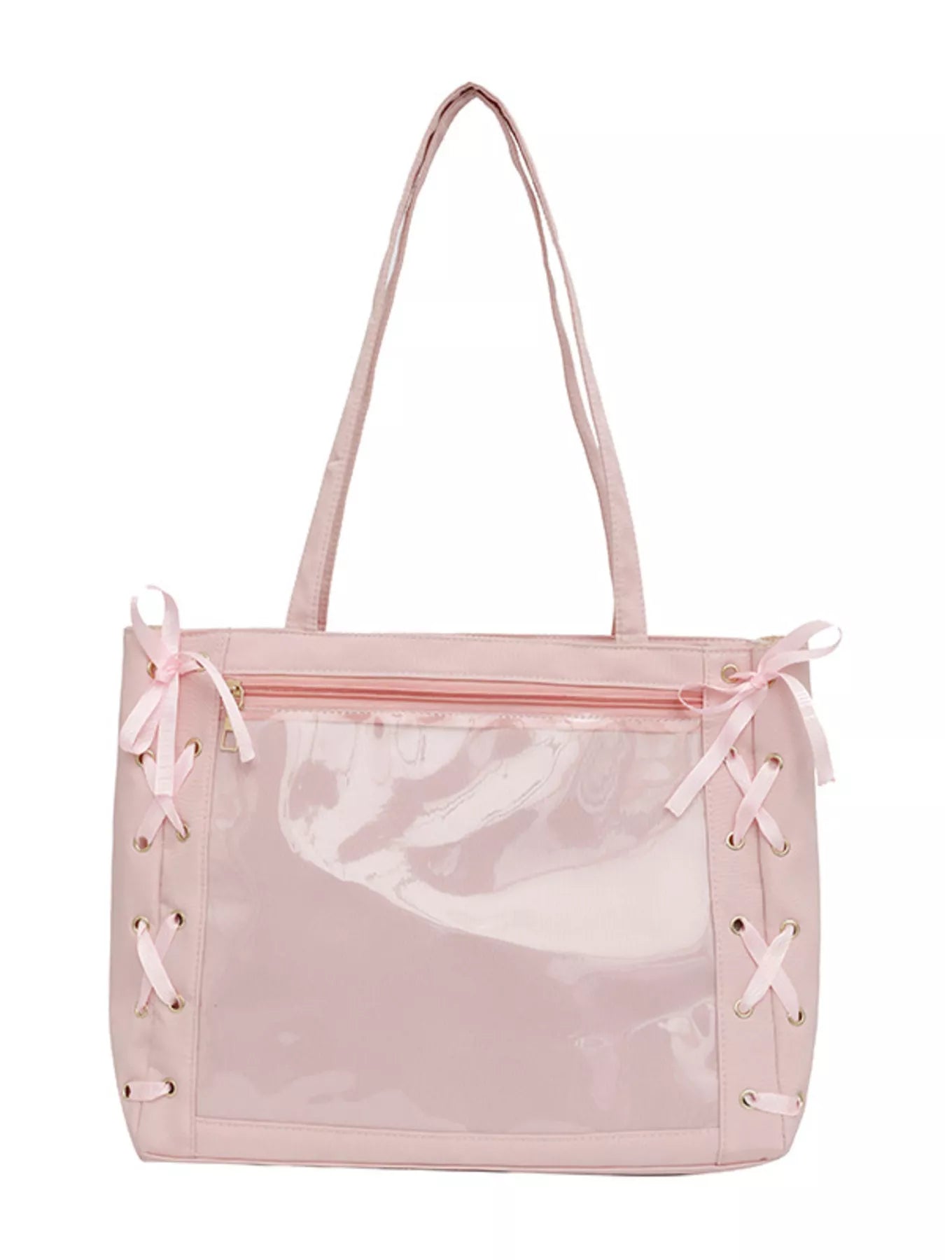 Lace-Up Trim Clear Panel Shoulder Bag OutfitFlow