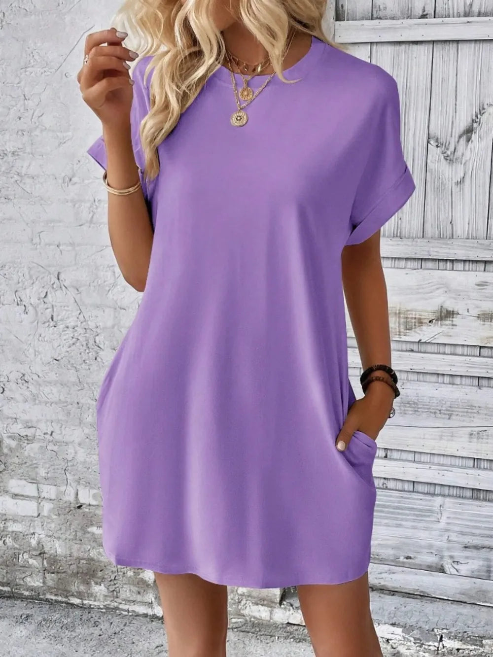 Pocketed Round Neck Short Sleeve Dress OutfitFlow
