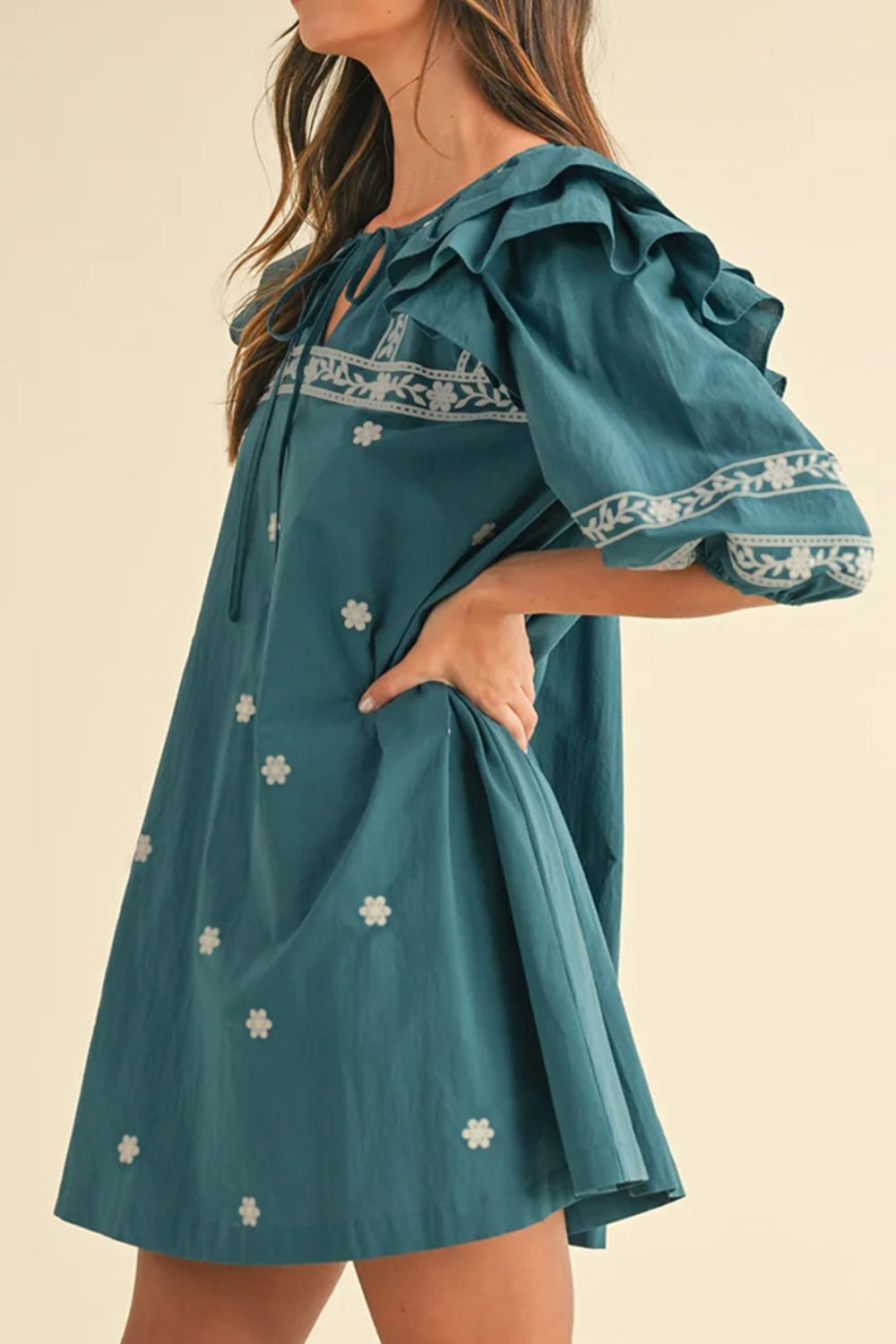 Floral Ruffle Puff Sleeve Tie Neck Mini Dress OutfitFlow