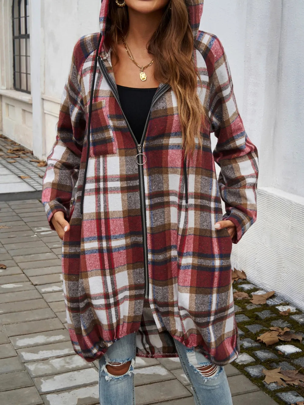 Devine Plaid Zip Up Hooded Coat Trendsi