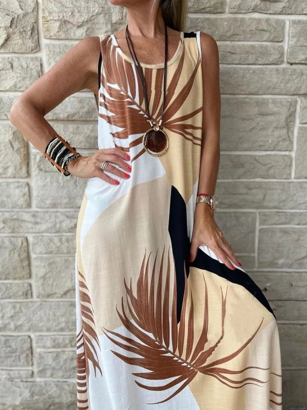 Printed Round Neck Mini Tank Dress Pastel Yellow OutfitFlow