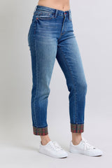 Outfit Flow - Judy Blue Full Size Plaid Print Cuff Straight Leg Jeans with Pockets