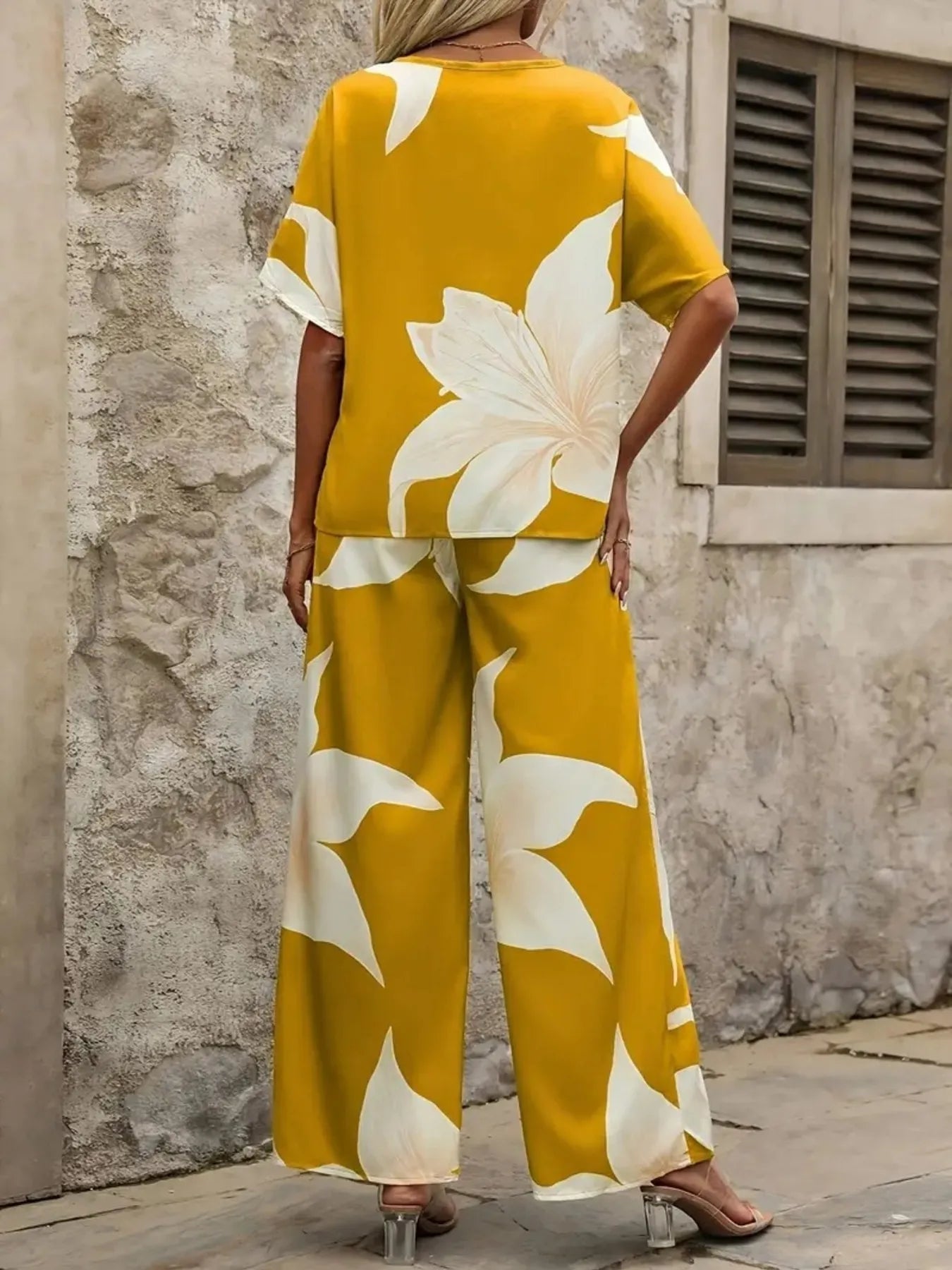 Printed V-Neck Top and Pants Set OutfitFlow