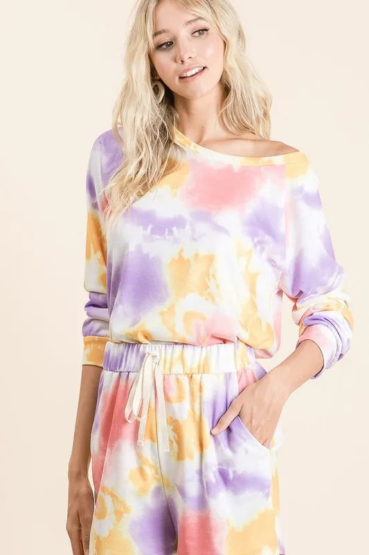 BiBi Tie Dye French Terry Top and Shorts Set OutfitFlow