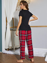 Outfit Flow - Heart Graphic V-Neck Top and Plaid Pants Lounge Set