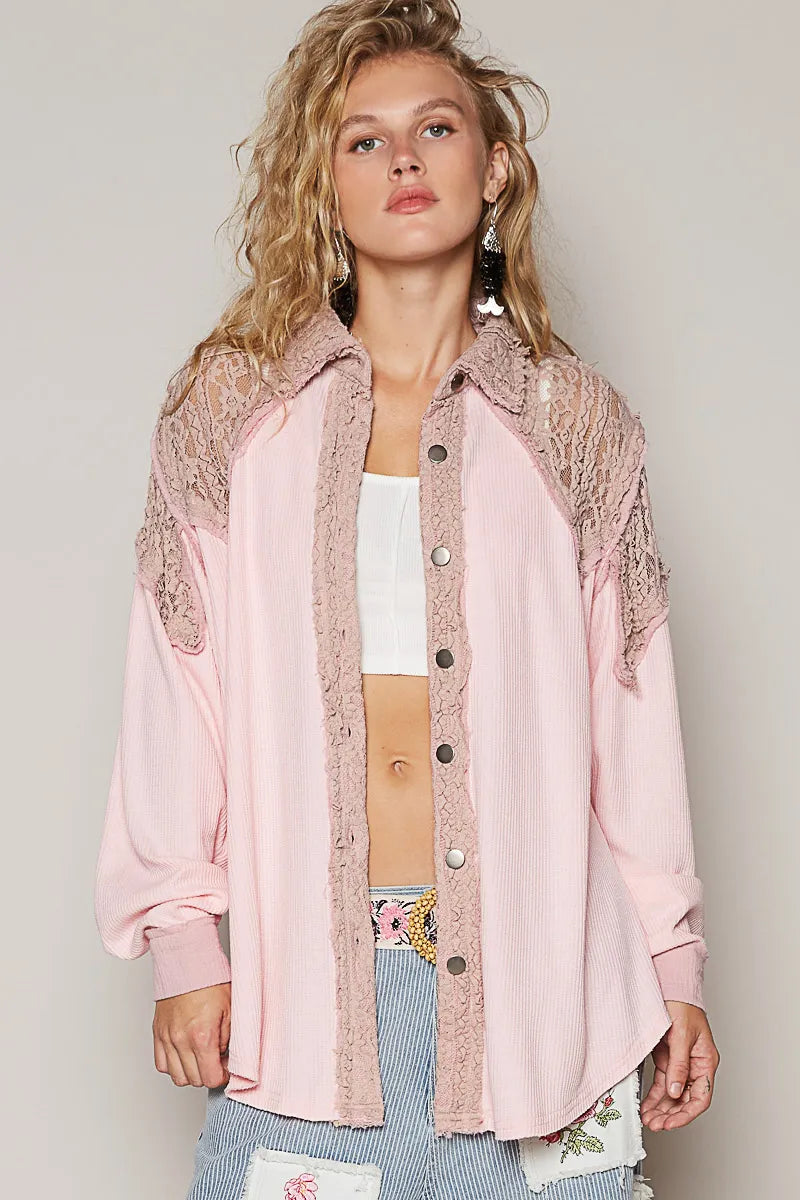POL Lace Patchwork Button Up Shacket Blush Pink OutfitFlow