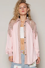 POL Lace Patchwork Button Up Shacket Blush Pink OutfitFlow