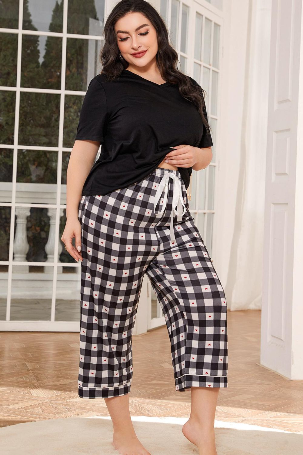 Outfit Flow - V-Neck Tee and Plaid Cropped Pants Lounge Set