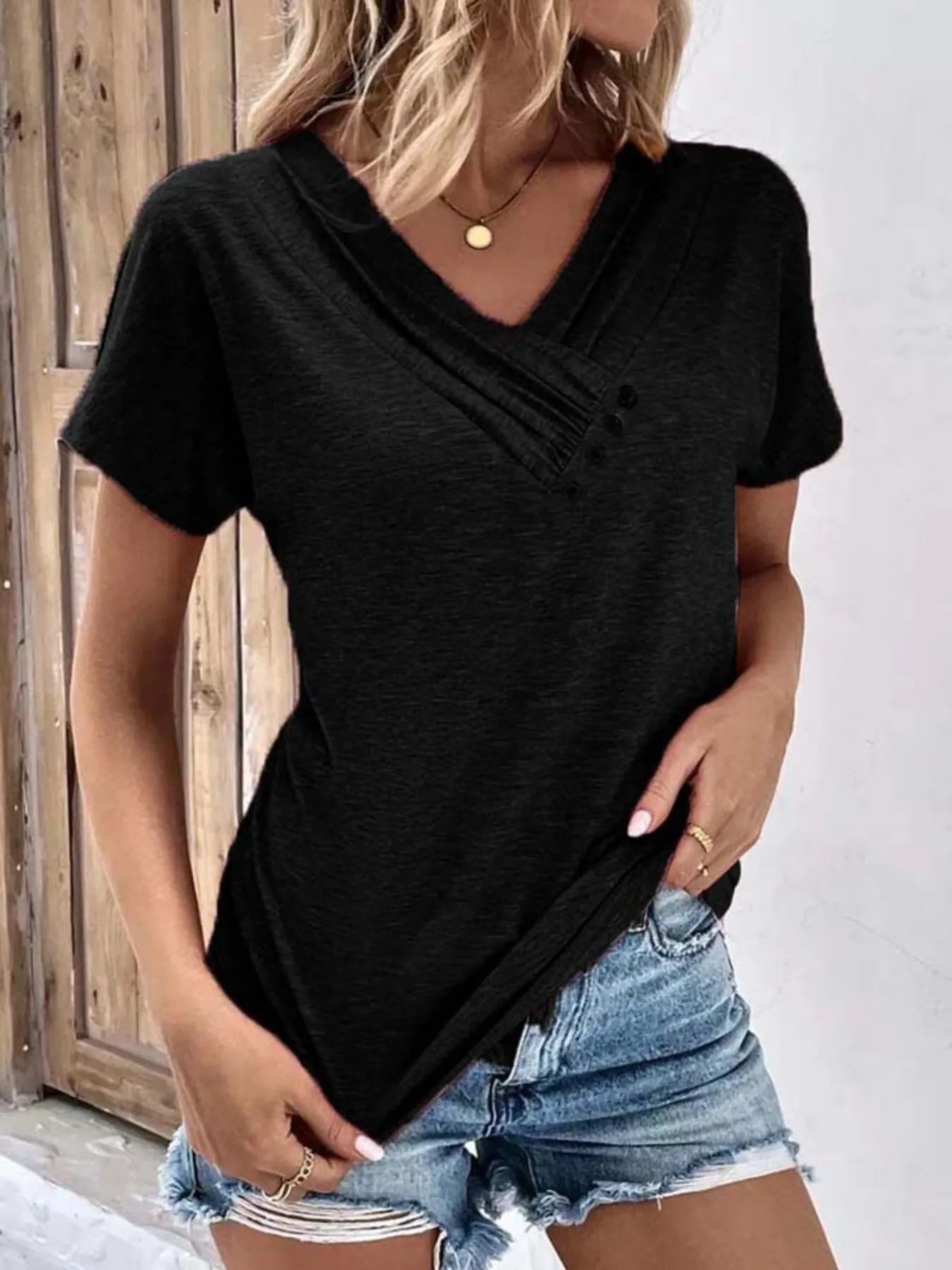 Decor Button Short Sleeve T-Shirt OutfitFlow