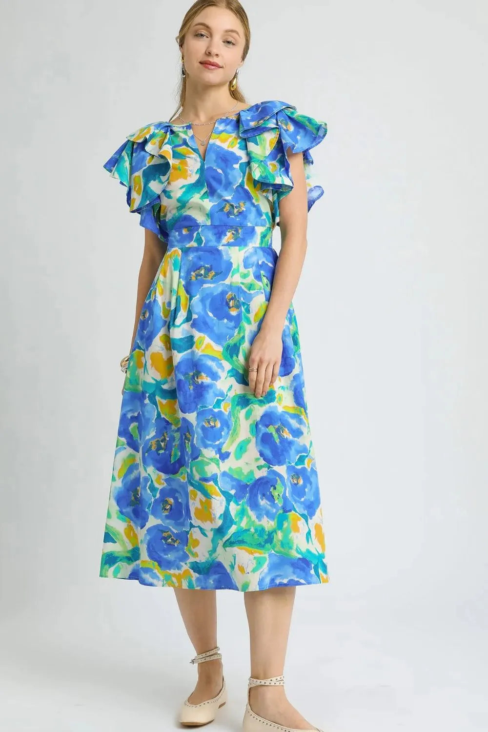 Umgee Floral Ruffled Cap Sleeve Midi Dress Blue OutfitFlow