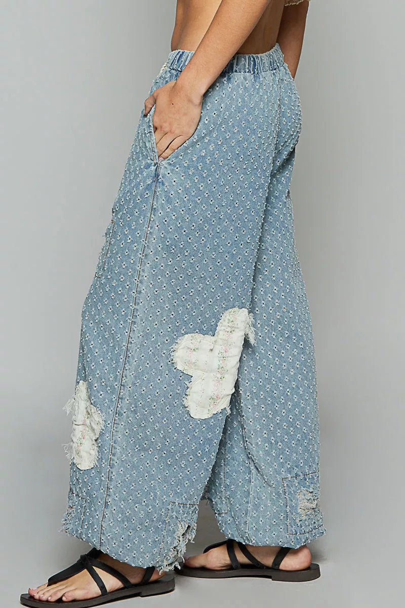 POL Floral Patch Washed Textured Twill Pants with Crochet See Thru Patch OutfitFlow