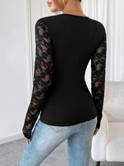 Outfit Flow - Round Neck Lace Patchwork Long Sleeve Top