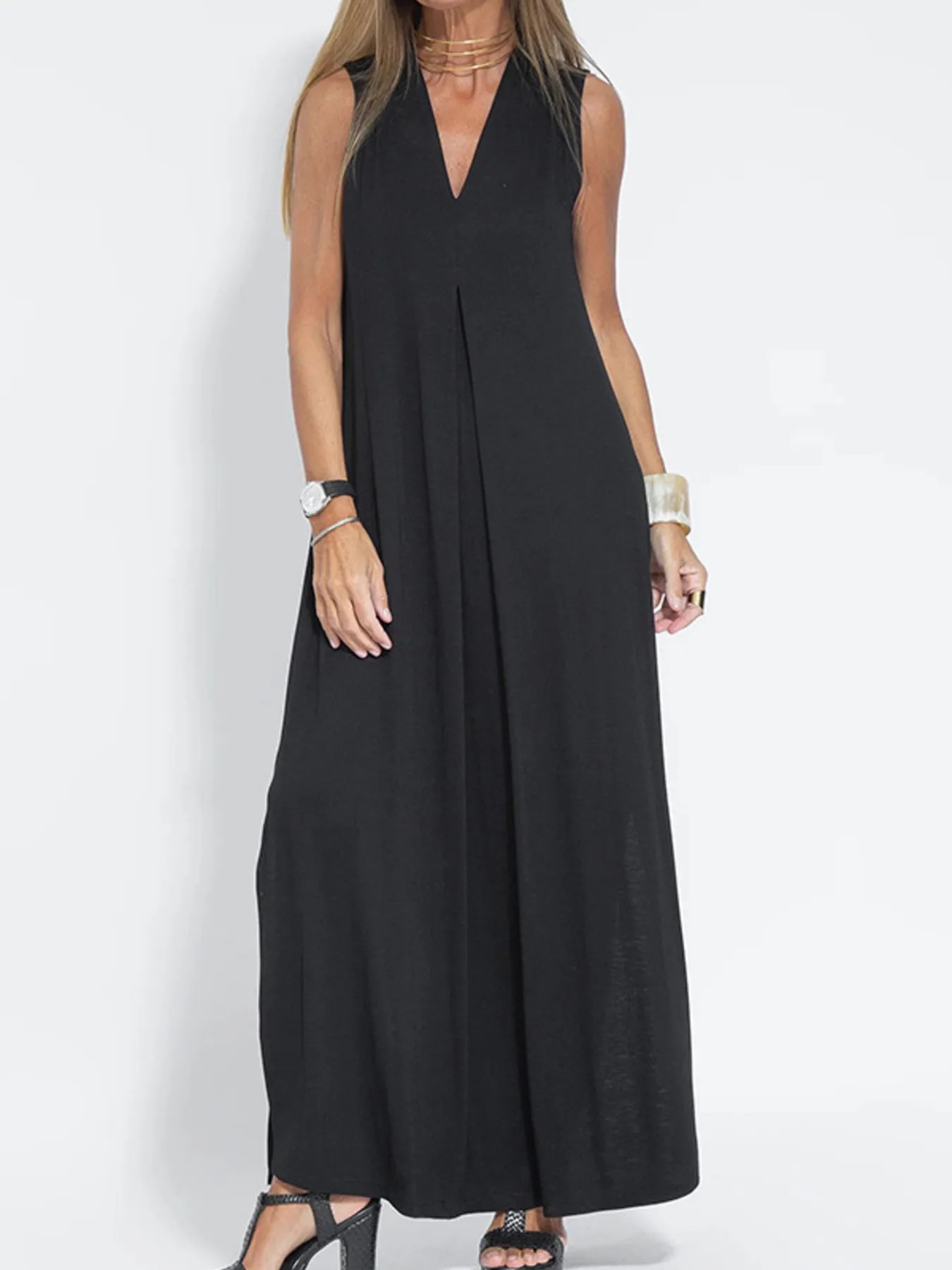 Full Size V-Neck Sleeveless Maxi Dress with Slit Plus Size Black OutfitFlow