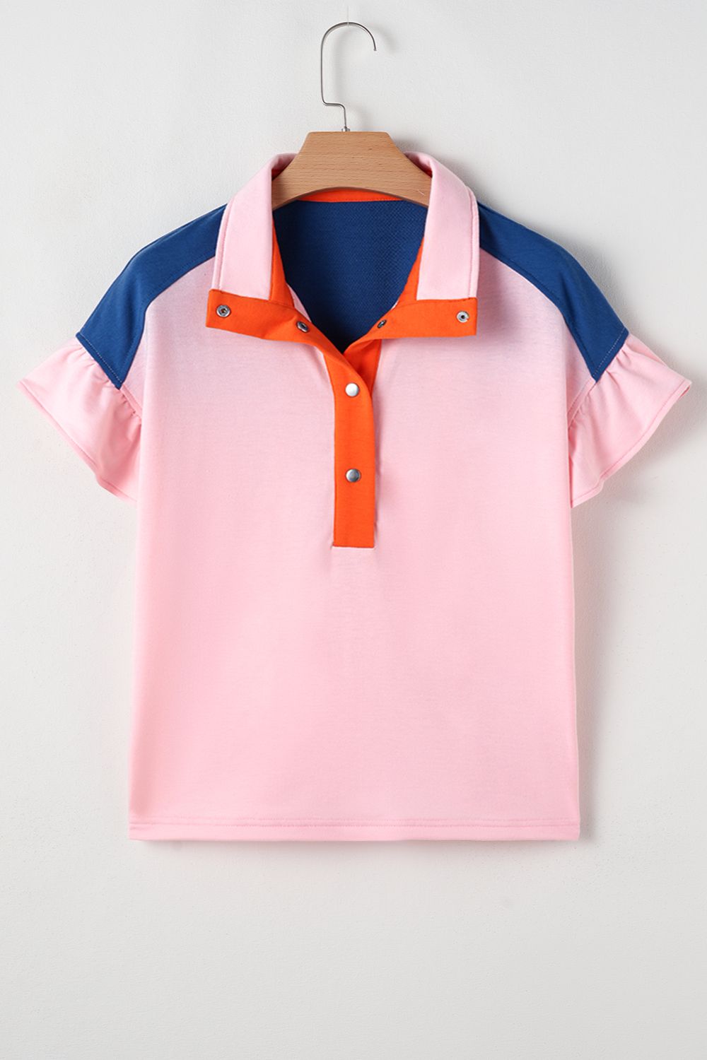 Color Block Half Buttoned Ruffled Short Sleeve T Shirt OutfitFlow