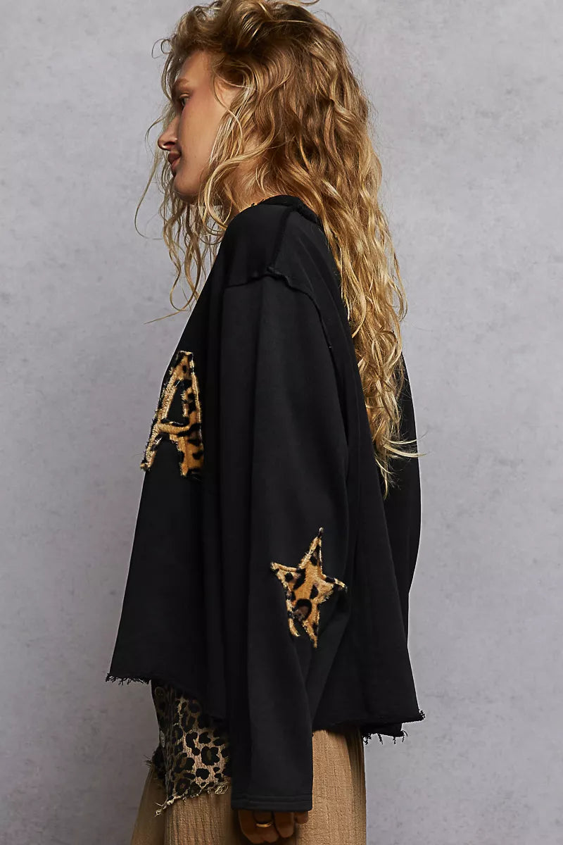 POL Round Neck Long Sleeve French Terry Sweatshirt with USA Letter Animal Patch OutfitFlow