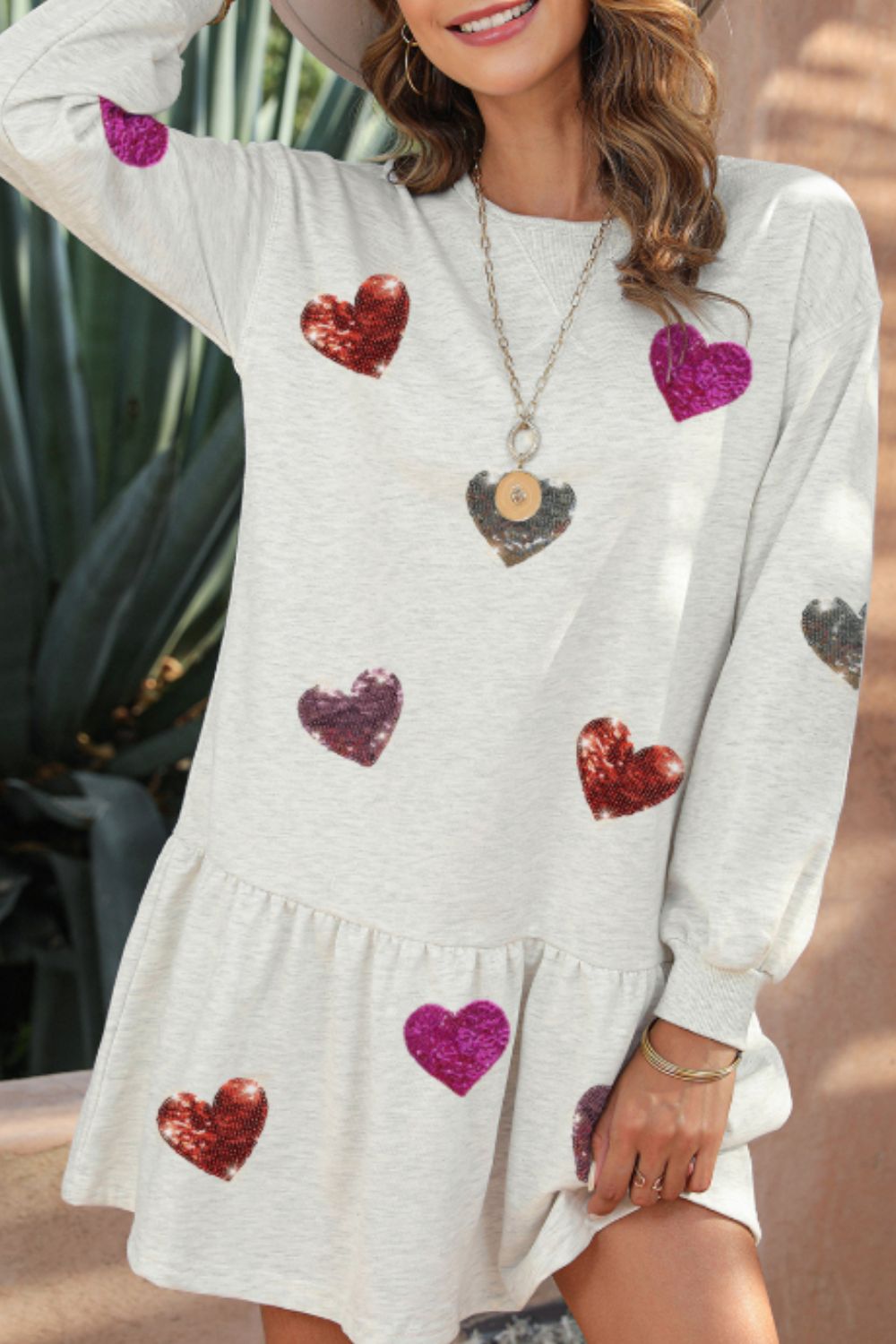 Outfit Flow - Sequin Heart Round Neck Long Sleeve Mini Dress