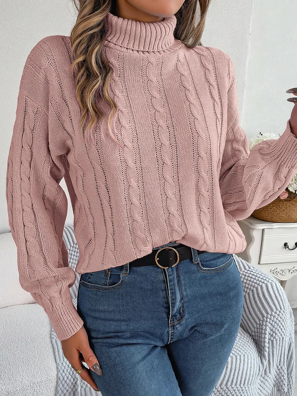Cable-Knit Turtleneck Dropped Shoulder Sweater Trendsi