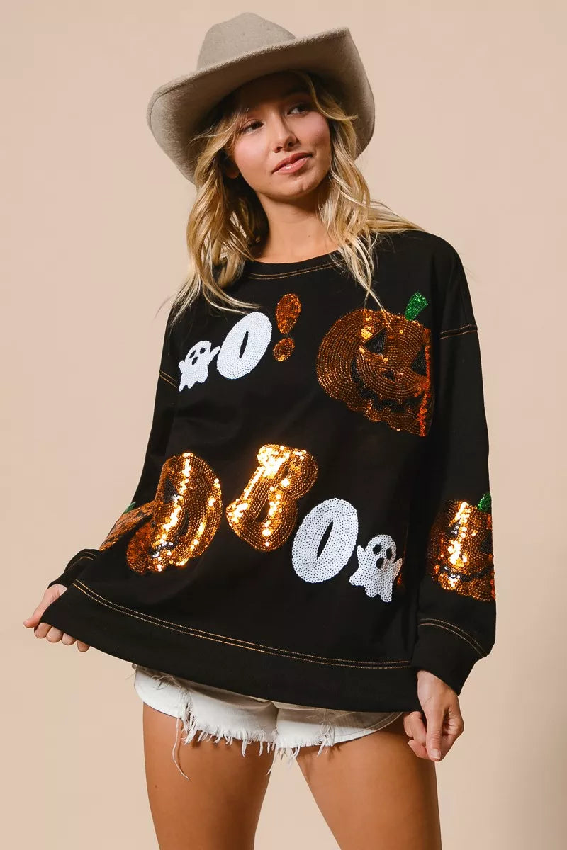 BiBi Halloween Theme Sequin Embroideries Sweatshirt Trendsi