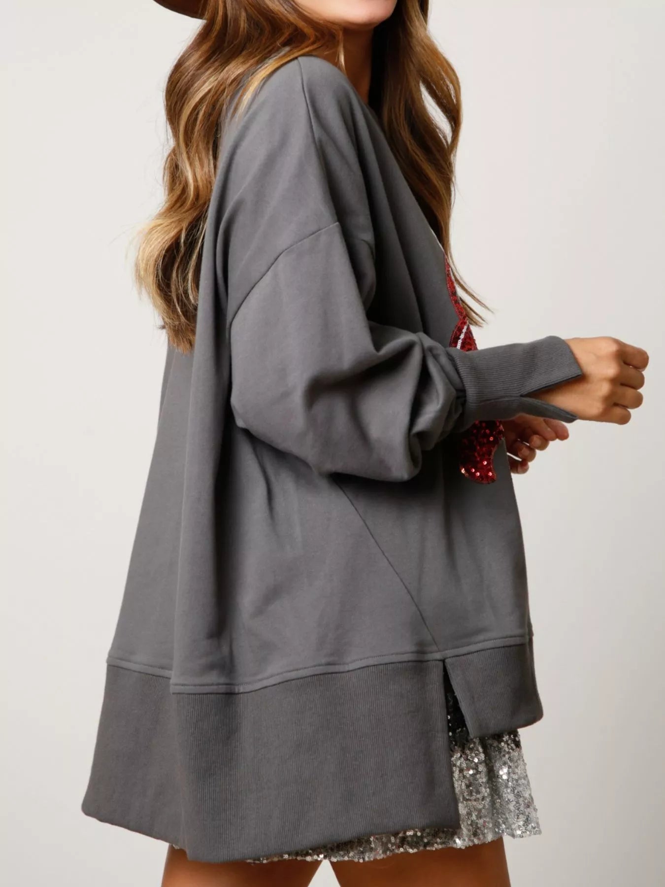 Christmas Sequin High-Low Round Neck Sweatshirt OutfitFlow