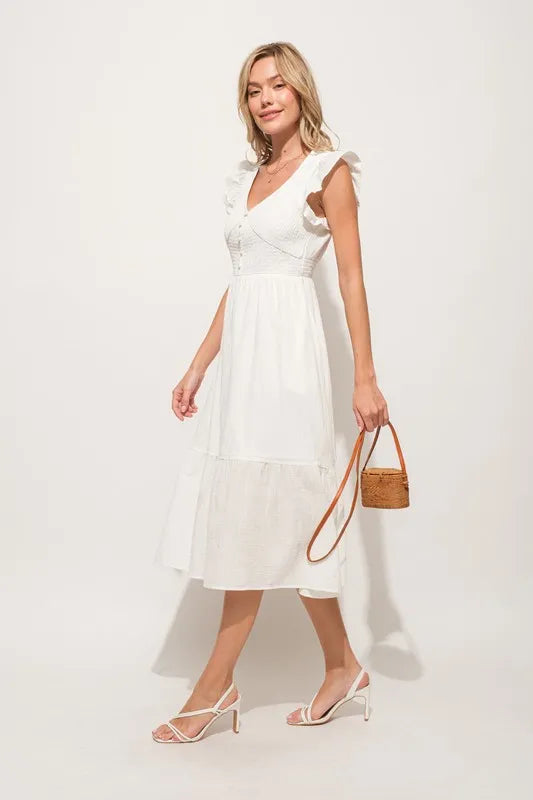 And The Why Ruffle Sleeve Front Smocked Tiered Midi Dress OutfitFlow