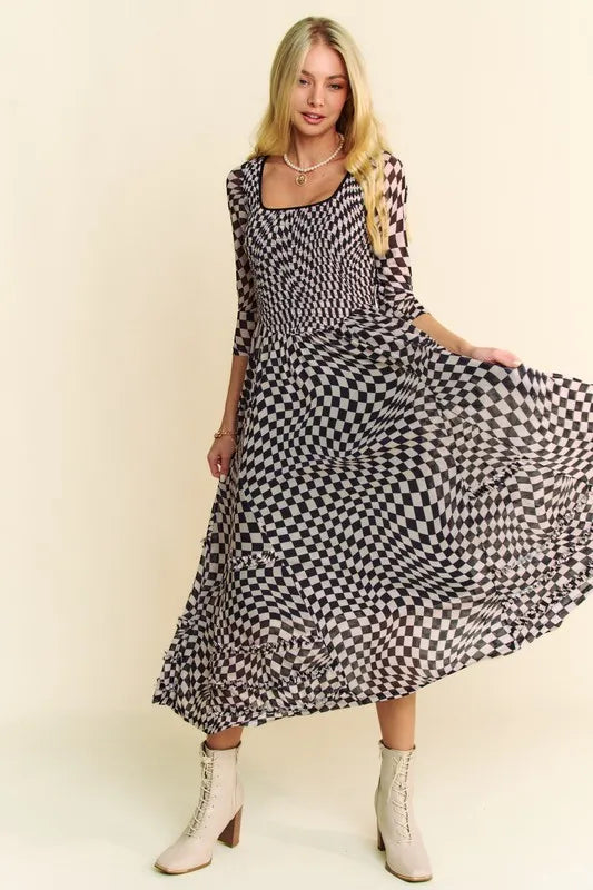 Davi & Dani Printed Checker Mesh Flowy Maxi Dress OutfitFlow