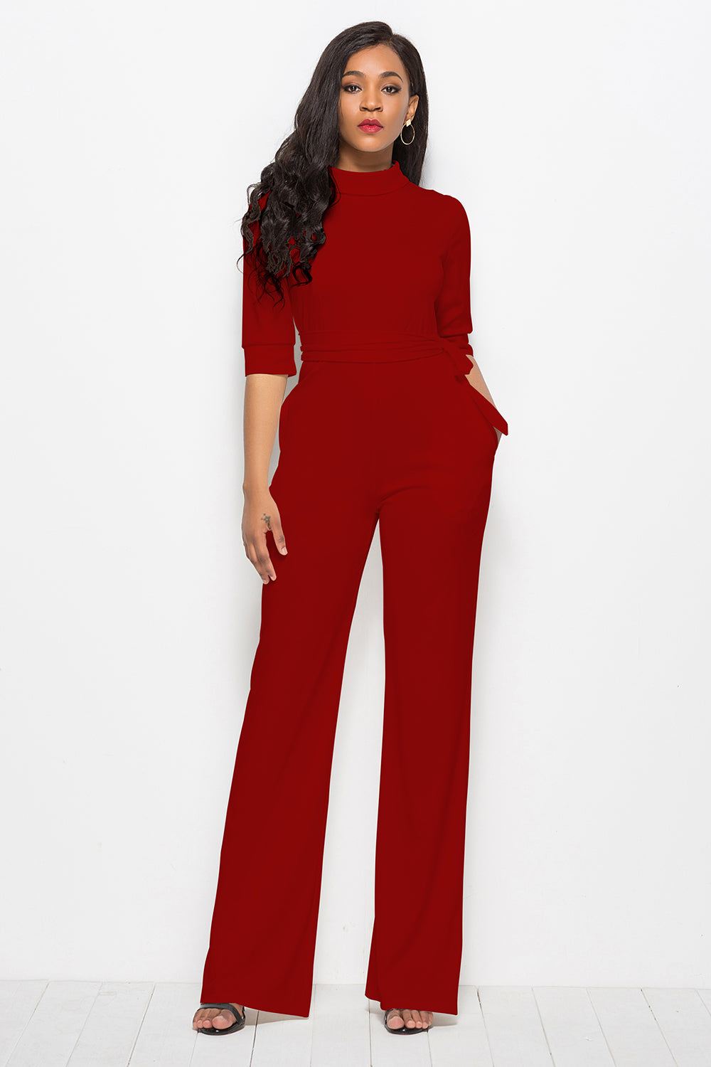 Outfit Flow - Mock Neck Tie-Waist Half Sleeve Jumpsuit