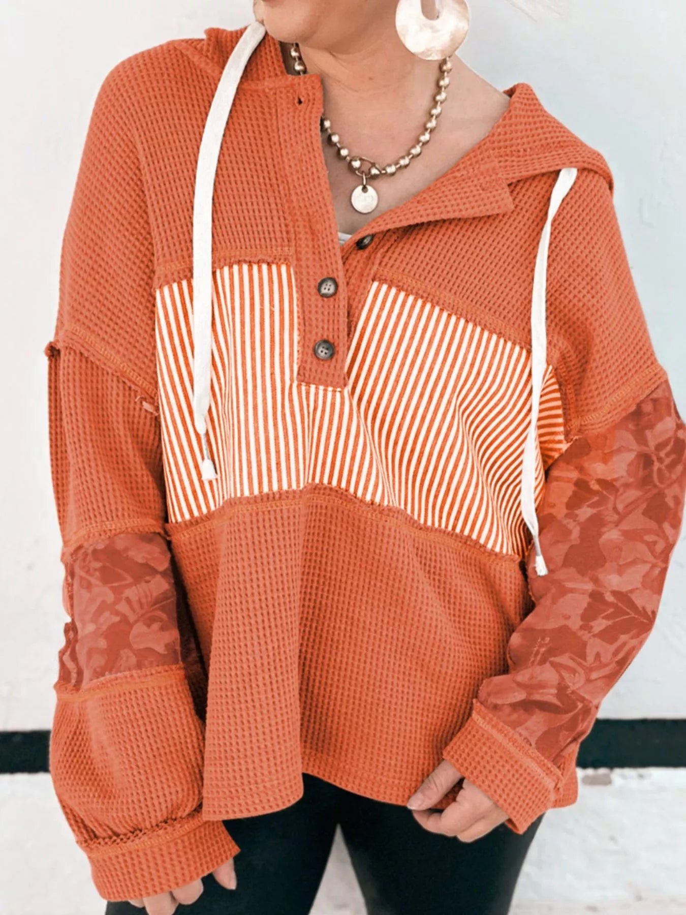 Waffle Knit Color Block Striped Drawstring Hoodie OutfitFlow
