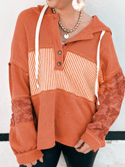 Waffle Knit Color Block Striped Drawstring Hoodie OutfitFlow
