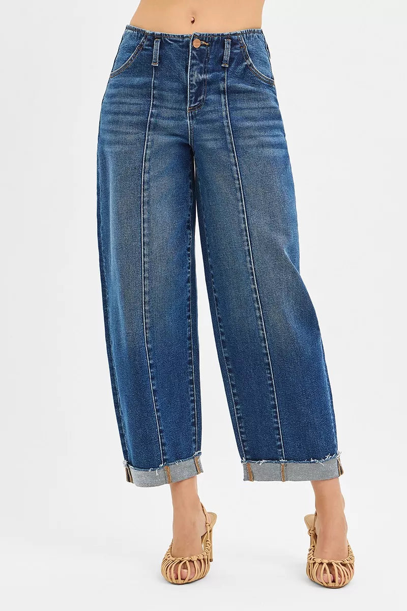 RISEN High Rise Fit Barrel Cuffed Jeans Trendsi