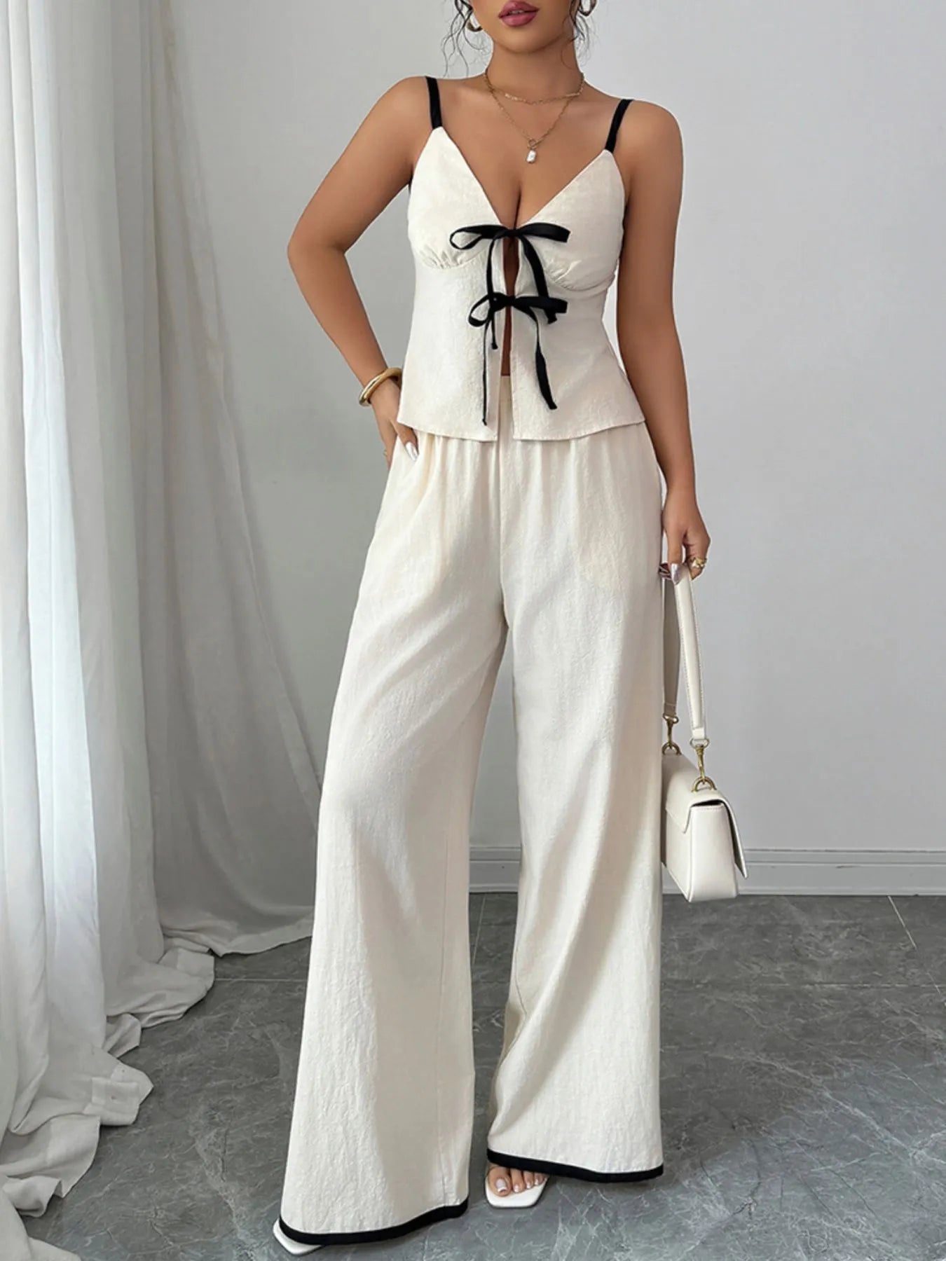 Tie Front Cami and Pants Set OutfitFlow