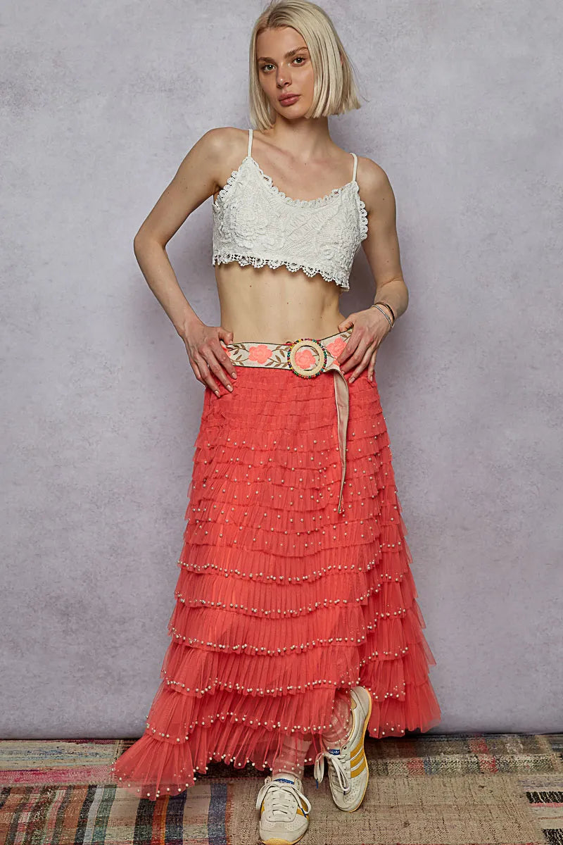 POL Tiered Ruffle Maxi Skirt with Pearl Decorative Trendsi