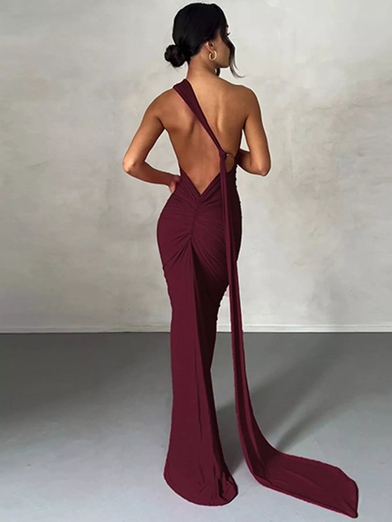 Backless One-Shoulder Ruched Bodycon Maxi Dress OutfitFlow