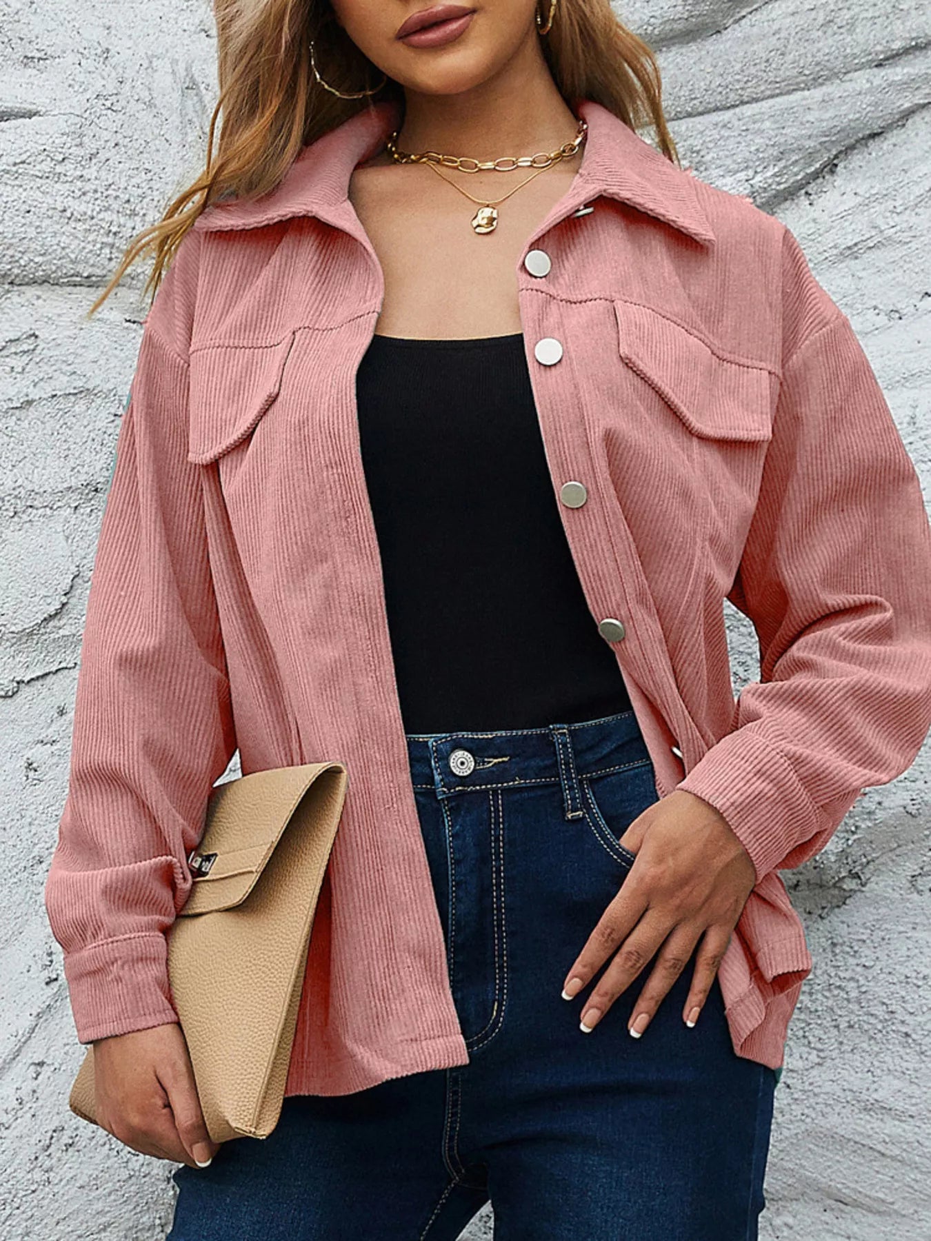 Casual Corduroy Button-Down Jacket Pinkish OutfitFlow