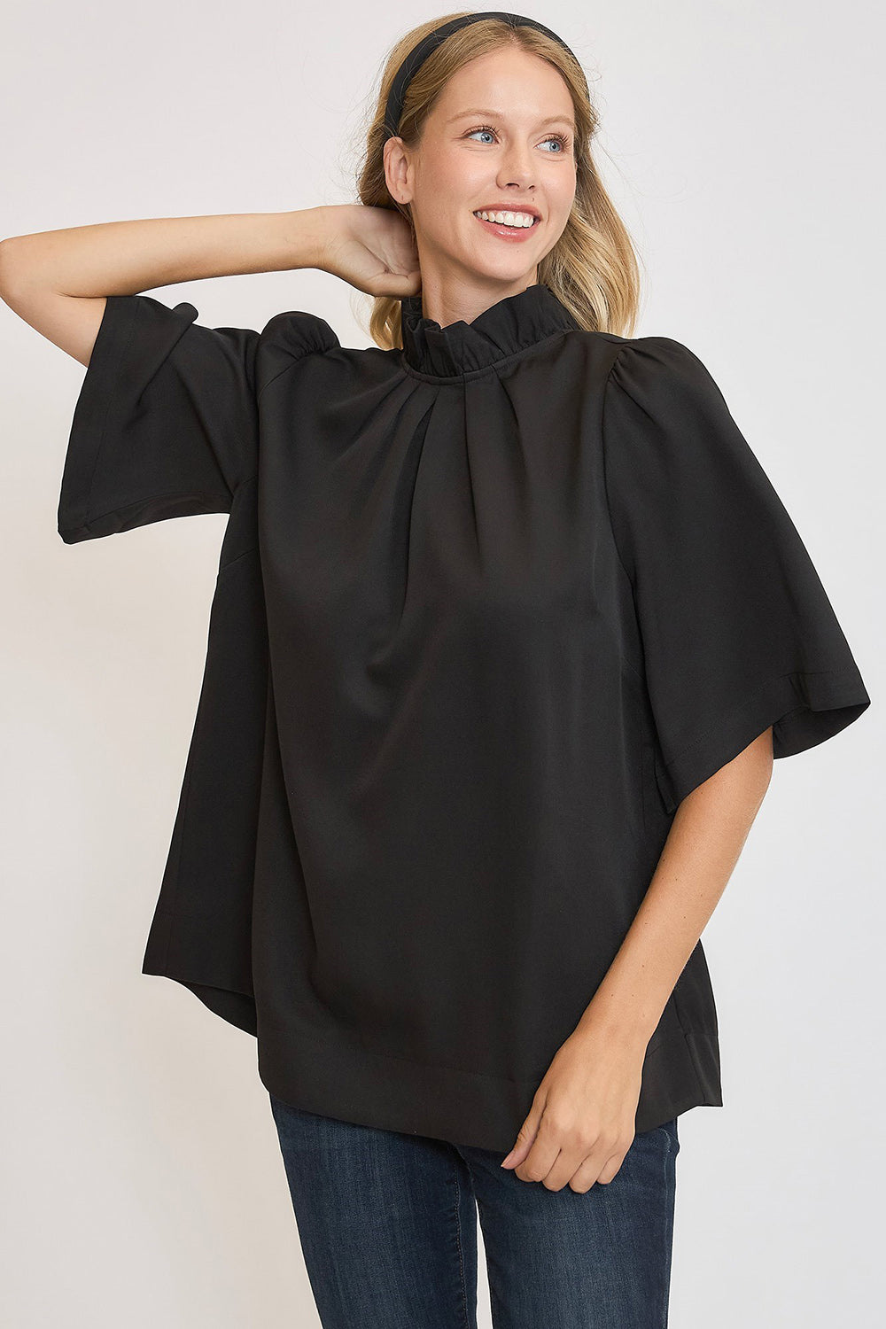 Outfit Flow - Umgee Bow Tie Back Mock Neck Half Sleeve Blouse