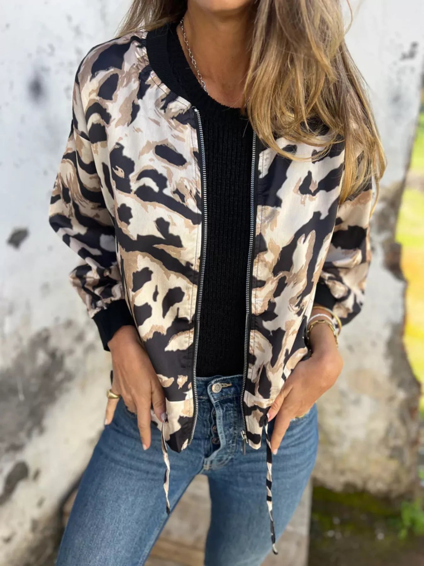 Full Size Zip Up Zebra Print Bomber Jacket Plus Size OutfitFlow