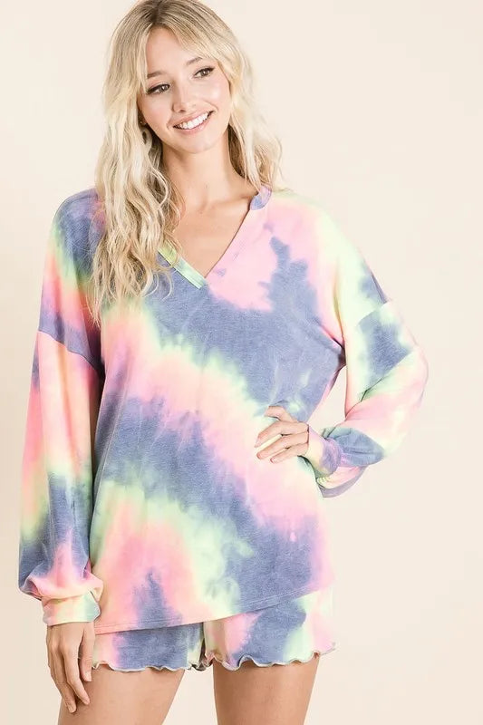 BiBi Tie Dye French Terry Top With Balloon Sleeves OutfitFlow
