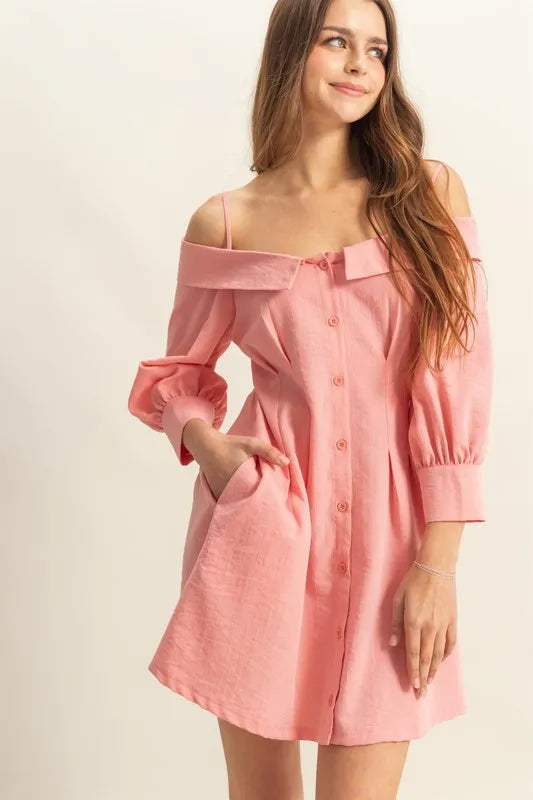 HYFVE Button Down Spaghetti Strap Mini Dress with Pockets Coral OutfitFlow