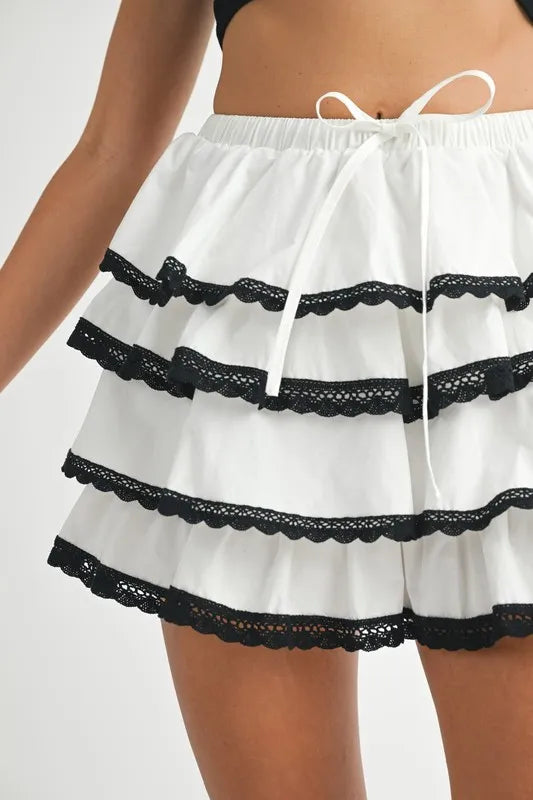 MABLE Poplin Ruffle Layered Contract Lace Trim Mini Skirt OutfitFlow