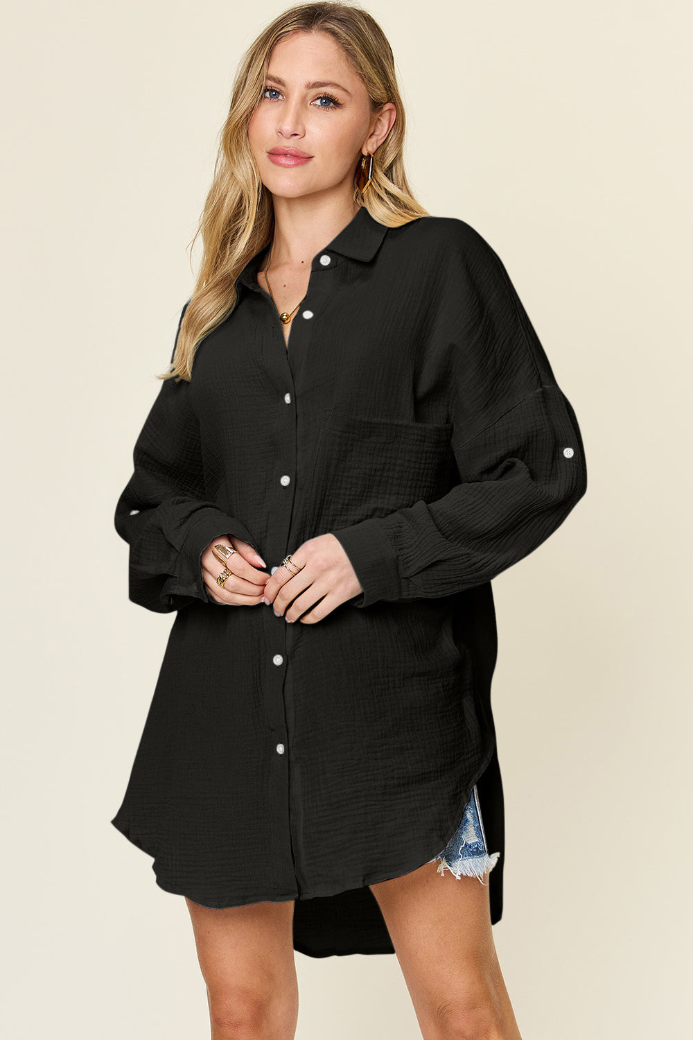 Double Take Full Size Pocketed Texture Button Up Shirt Black OutfitFlow