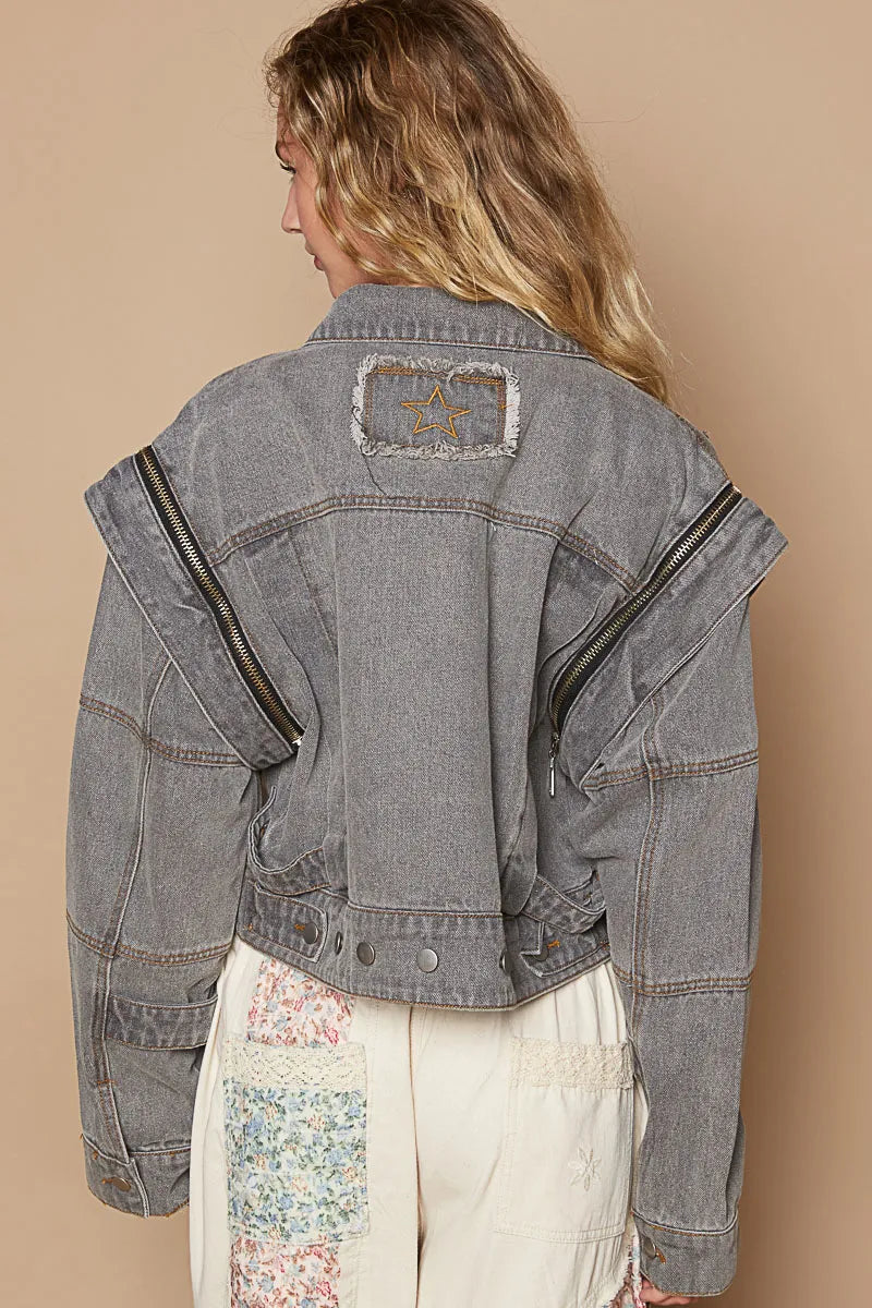 POL Cropped Denim Jacket with Functional Zipper Detail OutfitFlow