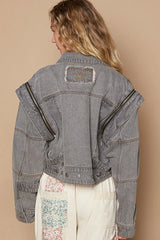 POL Cropped Denim Jacket with Functional Zipper Detail OutfitFlow