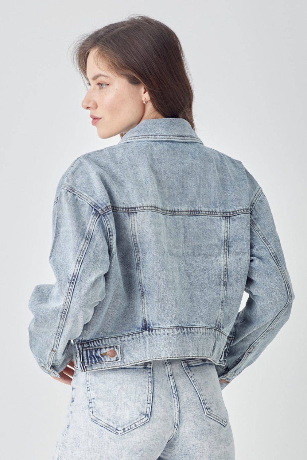 RISEN Full Size Button Down Cropped Denim Jacket