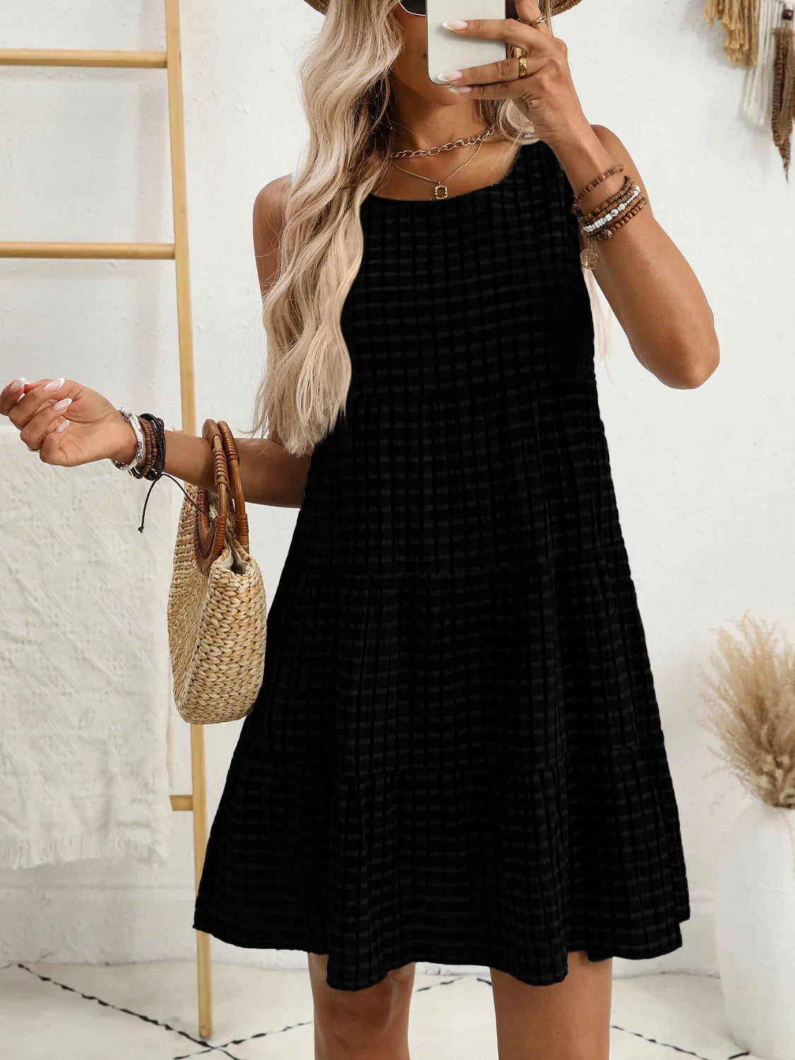 Plaid Round Neck Sleeveless Mini Dress OutfitFlow