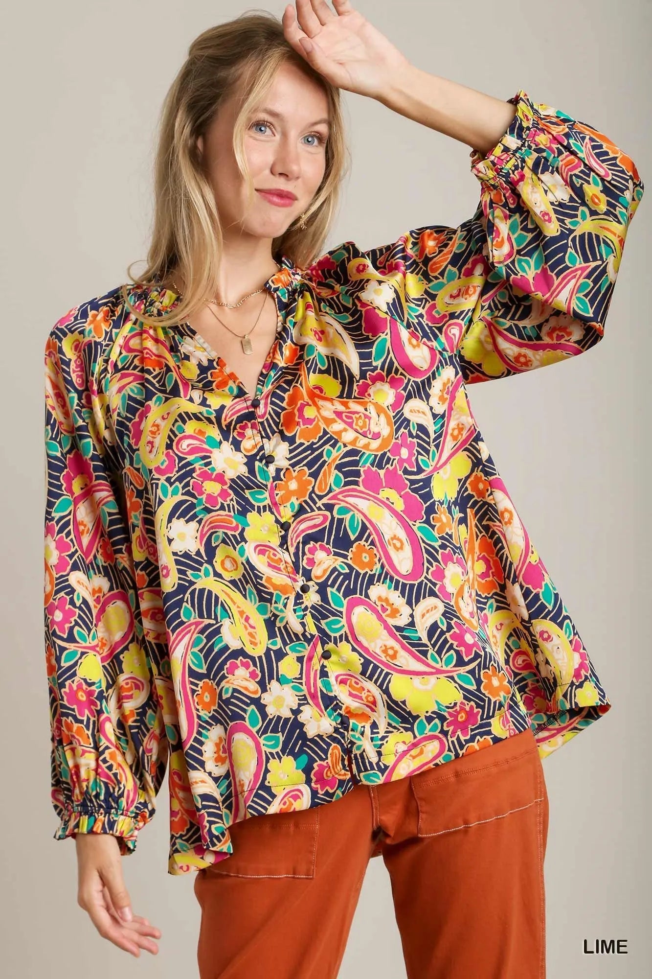 Umgee Full Size Satin Paisley Ruffle Neck Button-Up Shirt Plus Size Lime Trendsi